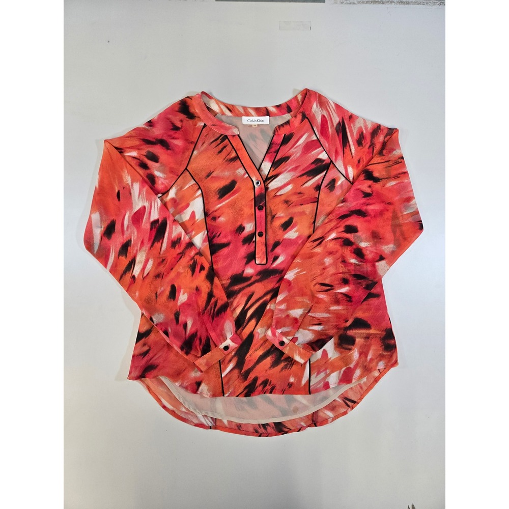 Calvin Klein Womens XS Chiffon Abstract Print Blouse Orange Pink L/S V-Neck Top